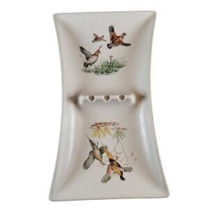 Hyalyn 758 Ceramic Ashtray Birds Hunting Scene 8x4.5" USA Cork Base Vintage